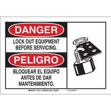 Bilingual DANGER Lock Out Equipment Before Servicing Sign