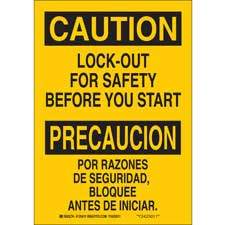 Bilingual CAUTION Lock-Out For Safety Before You Start Sign