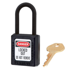Black Dielectric Zenex™ Thermoplastic Safety Padlock, 1-1/2in (38mm) Wide With 1-1/2in (38mm) Tall Nylon Shackle, Keyed Alike Master Keyed W417 Cylinder