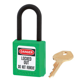 Green Dielectric Zenex™ Thermoplastic Safety Padlock, 1-1/2in (38mm) Wide With 1-1/2in (38mm) Tall Nylon Shackle, Keyed Alike Master Keyed W417 Cylinder