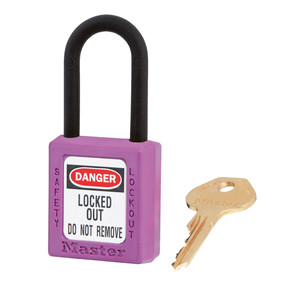 Purple Dielectric Zenex™ Thermoplastic Safety Padlock, 1-1/2in (38mm) Wide With 1-1/2in (38mm) Tall Nylon Shackle, Keyed Alike Master Keyed W417 Cylinder