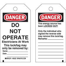 DANGER Do Not Operate Electricians At Work Lockout Tagout Tags