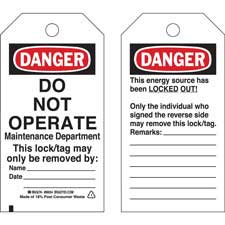 DANGER Do Not Operate Maintenance Department Lockout Tagout Tags