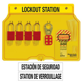 Spanish/English 4-Lock Station. A1106RED Aluminum Padlocks.
