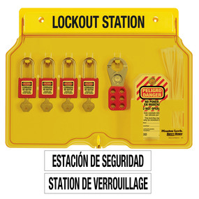 Spanish/English 4-Lock Station. 410RED Zenex™ Thermoplastic Padlocks.