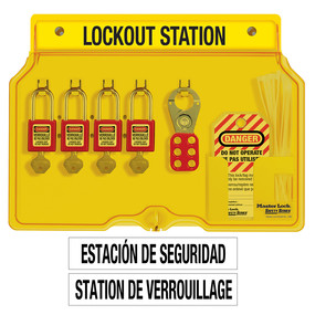 French/English 4-Lock Station. 410RED Zenex™ Thermoplastic Padlocks.