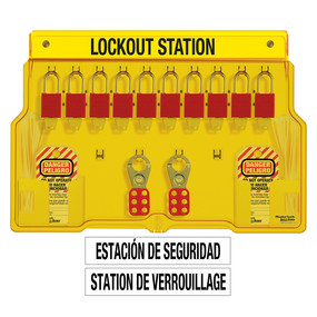 Spanish/English 10-Lock Station. A1106RED Aluminum Padlocks.