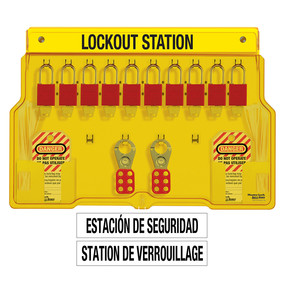 French/English 10-Lock Station. A1106RED Aluminum Padlocks.