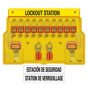Spanish/English 10-Lock Station. 410RED Zenex™ Thermoplastic Padlocks.
