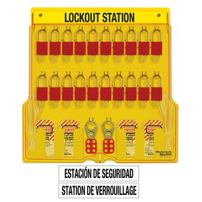 Spanish/English 20-Lock Station. A1106RED Aluminum Padlocks.