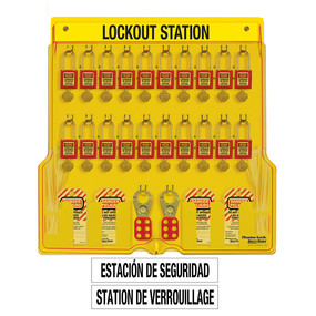 Spanish/English 20-Lock Station. 410RED Zenex™ Thermoplastic Padlocks.