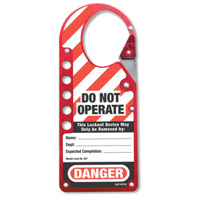 Labeled Snap-On Lockout Hasp, Red, 1-3/4in X 2-1/8in (44.5mm X 54mm) Jaw Clearance