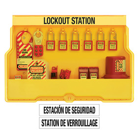 English/Spanish Electrical Lockout Wall Station With Standard Device Assortment And Six Zenex™ Thermoplastic Padlocks Includes Spanish Safety Tags