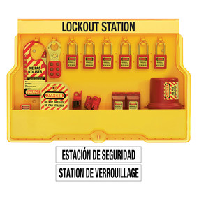 English/French Electrical Lockout Wall Station With Standard Device Assortment And Six Zenex™ Thermoplastic Padlocks Includes French Safety Tags
