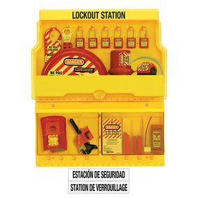 English/French Deluxe Valve And Electrical Lockout Station With Standard Device Assortment And Six Zenex™ Thermoplastic Padlocks Includes French Safety Tags